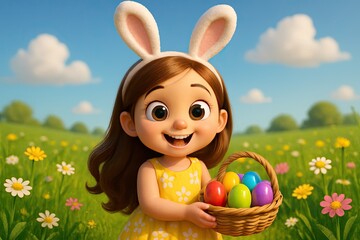 Happy Girl with Easter Bunny Ears and Basket in a Meadow of Spring Flowers