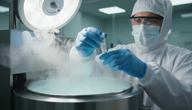 Scientist wearing protective suit, mask, and gloves is carefully transferring a vial containing biological samples into a cryopreservation tank, working in a sterile laboratory environment