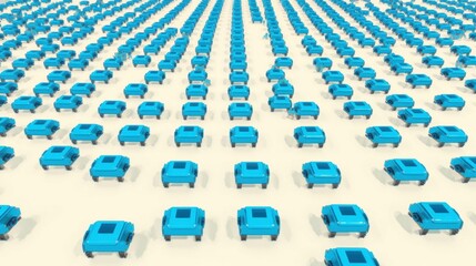 Fototapeta premium Blue toy cars arranged in grid pattern. Perspective creates vanishing point effect. Minimalist design, clean aesthetic.