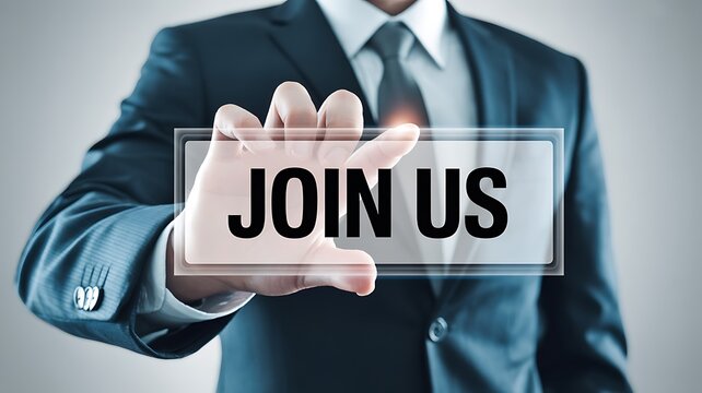Businessman in suit holding join us button, recruitment concept, employment opportunity, corporate invitation