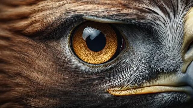 A macro closeup shows the detailed texture and color of a human eye and a green cat eye looking forward with a focus on hair and facial beauty.