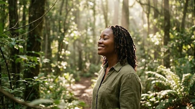 A woman finds serenity, immersed in the tranquil embrace of a vibrant forest, eyes closed in blissful contemplation, feeling the calm of nature.
