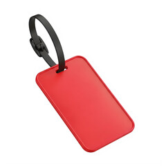 A red luggage tag with a black strap