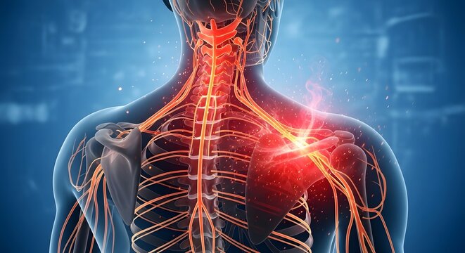 Spinal cord anatomy and shoulder nerve pain. Neurology and chiropractic care concept. Rear view of human skeletal structure with glowing red nerves and inflammation in upper back