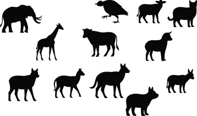 Fototapeta premium Collection of twelve black vector silhouettes featuring diverse wild farm and domestic animals including elephant giraffe cow and cat isolated on white background