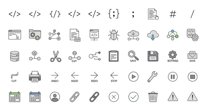 Collection of web development icons.