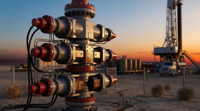 Large industrial blowout preventer stack stands at an oil drilling site under a warm sunset sky for petroleum extraction