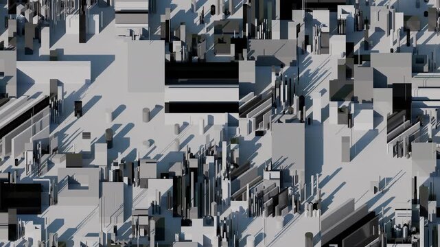 Monochrome 3D geometric shapes shift in a seamless looping animation, depicting fintech big data and science structures. Abstract animation 4k