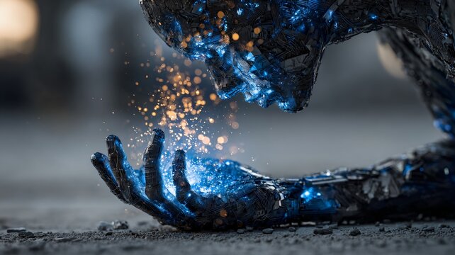 Lichtpunkte zwischen einer Hand und dem Gesicht eines menschlichen Roboters.