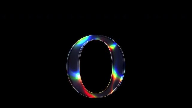 A lowercase letter "o" shimmering with various colored lights on a glass-like surface with an alpha channel. Serif font. Seamless loop video.