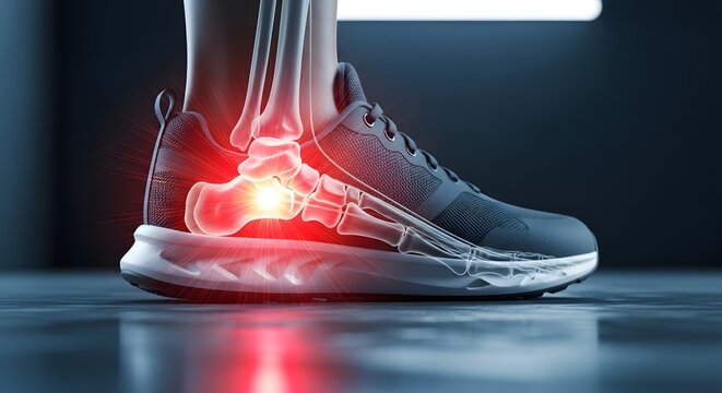 Foot and ankle anatomy inside a running shoe. Achilles tendonitis and heel spur pain. Transparent view of foot bones in a sneaker with red glowing pain center in the heel