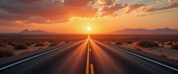 Obraz premium Open highway stretching into the sunset with dramatic clouds 