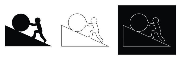 Sisyphus pushing a boulder up a hill in three styles black white and outline © sahera