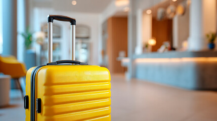 A bright yellow suitcase with a long handle in a modern hotel lobby. Backdrop for themes to travel, leisure, tourism, luggage, hotels, and trips