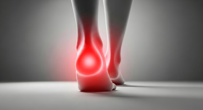 Achilles tendon and heel pain on human feet. Foot injury and orthopedic health care. 3D illustration of a person walking with glowing red pain on the back of the heel