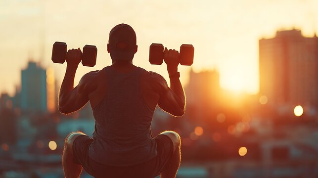 Athletic man lifting dumbbells during an outdoor sunset workout on a rooftop. Symbolizing physical strength, personal discipline, mental clarity, and urban wellness.
