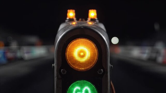 Train signal light, orange light turning on and off, nighttime railroad track scene, symbolizing caution and safety