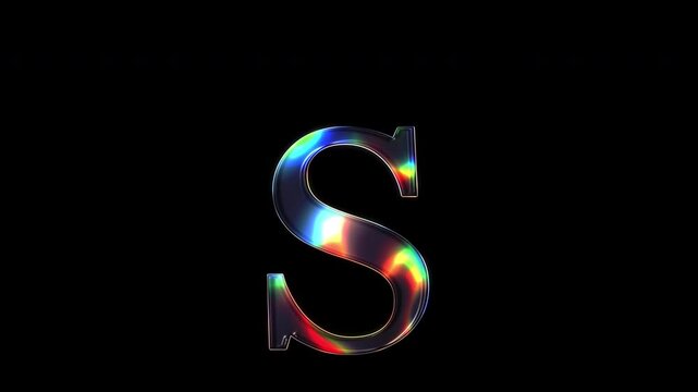 A lowercase letter "s" shimmering with various colored lights on a glass-like surface with an alpha channel. Serif font. Seamless loop video.