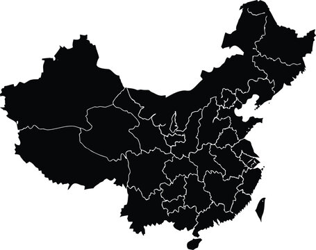 Black silhouette map of china with white dashed province borders on a white background