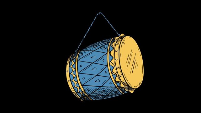 Classic Ramadan drum side view animation with detailed patterns, isolated on transparent background, smooth loop for cultural and festive designs
