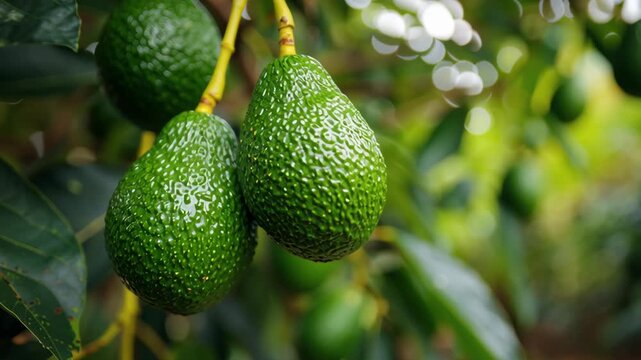 Green ripe avocados fruits hanging on avocado trees plantation. Healthy ripening fruits. Blurred leaves background. Agriculture, food. Fruiting plantation. Organic farming. Longterm profitability