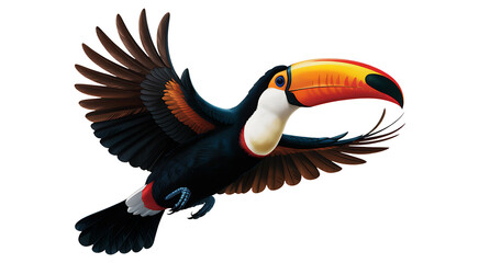 Fototapeta premium Flying toucan bird illustration with colorful orange beak and black feathers on transparent ground