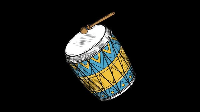 Traditional Ramadan drum with single stick animation, isolated on transparent background, smooth loop suitable for festive and cultural content