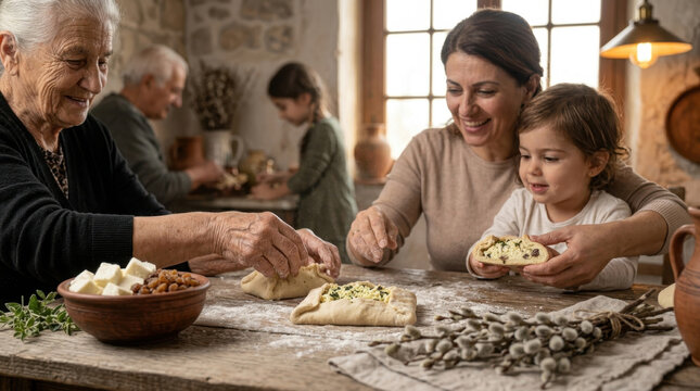 Multi generational family baking traditional flaounes pastries in rustic traditional cypriot kitchen. Grandmother, mother,  child preparing flouna. Cyprus village, Baking, bakey workshop. AI generated