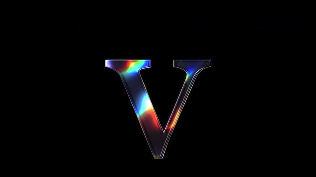 A lowercase letter "v" shimmering with various colored lights on a glass-like surface with an alpha channel. Serif font. Seamless loop video.