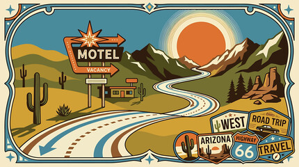 Vintage american motel sign with road leading to sunset isolated on transparent background