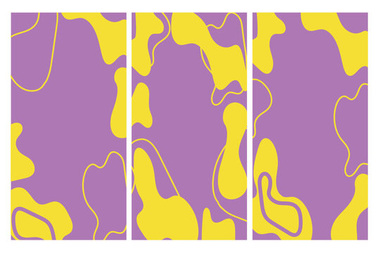 set de tres dise&ntilde;os con colores morado y amarillo de formas irregulares moderno 