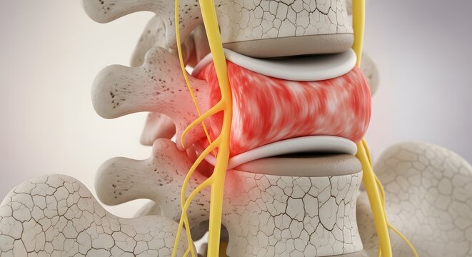Herniated disc and spinal nerve compression. Orthopedic spine health and vertebrae inflammation. 3D illustration of a damaged intervertebral disc with nerve pressure in the lower back