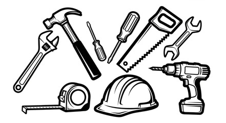 Fototapeta premium Hand-Drawn Construction Tools - Hammer, Screwdriver, Saw, Wrench, Drill, and Safety Helmet.