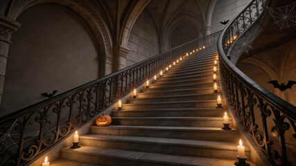 Obraz premium Luxury gothic halloween decor candlelit grand staircase with carved railing pumpkin and bats creating moody elegant atmosphere