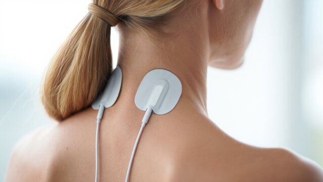 Tens electrodes on woman neck and shoulder, transcutaneous electrical nerve stimulation session, electrotherapy physiotherapy treatment for pain relief, rehabilitation clinic care, wired pads