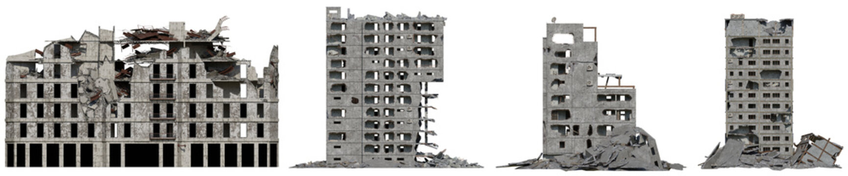 Building destroyed by the war, Ruined City after earthquake with isolated on transparent background. png file, 3d rendering illustration