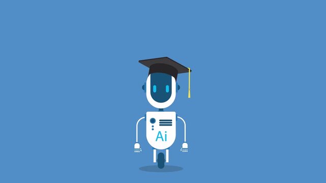 AI Learning Robot Animation with Graduation Cap, Artificial Intelligence Education Concept, Smart Assistant Character, Machine Learning, EdTech Technology, 4K Motion Video	
