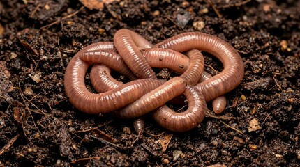 Fototapeta premium Earthworms in dark compost macro organic soil ecosystem texture environmental biology concept