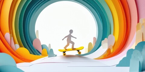 Fototapeta premium Papercraft illustration depicts skateboarder inside colorful tunnel. Bright layers create circular path, minimalist style. Dynamic pose suggests movement.