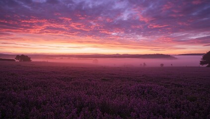 Fototapeta premium Blooming purple heather in the countryside at sunrise, with misty rolling hills and a dramatic orange-pink sky creating a peaceful, atmospheric landscape