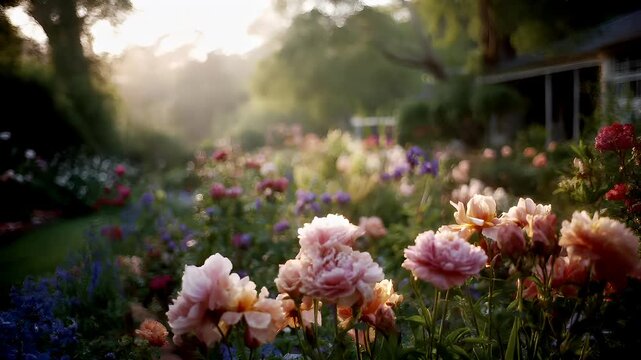 Spring season, garden park, flower, fresh, life. A vivid portrayal of a serene garden at sunset. The main subject is a bed of blooming flowers, predominantly pink and red.