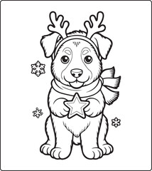 Obraz premium Cute dog wearing christmas costume in winter scene black line art vector illustration activity coloring page for kids