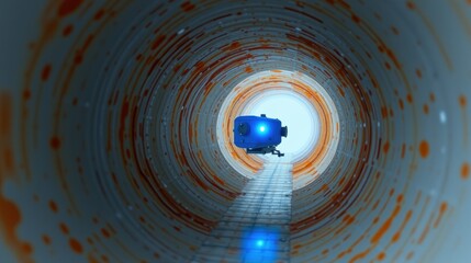Fototapeta premium Submersible travels through tunnel. Bright light emanates from front, illuminating interior walls. Dark exterior surrounds cylindrical space.