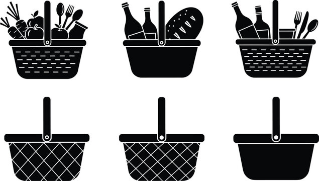 Set of picnic basket silhouettes featuring food, wine bottles, bread, fruits, and vegetables for outdoor dining, summer recreation, and healthy lifestyle