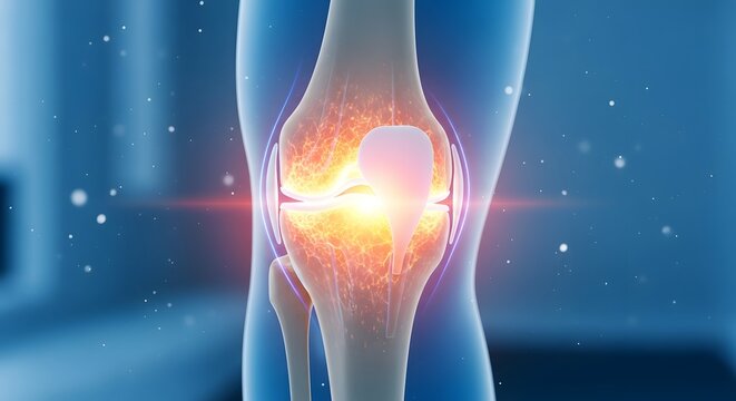 Patellar tendonitis and knee joint cartilage wear. Orthopedic research and biological science. Detailed anatomy of a knee joint with glowing particles and red heat at the point of friction