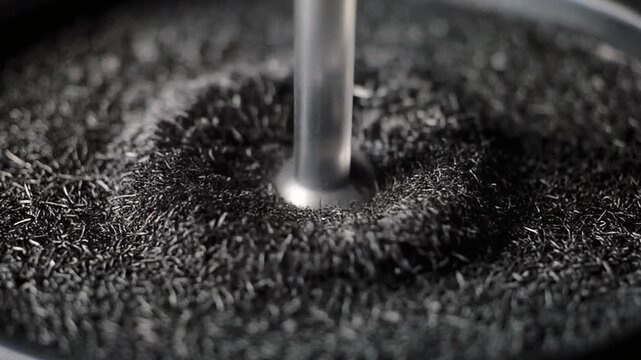 A hidden magnet moving underneath a glass surface covered in fine black iron filings.