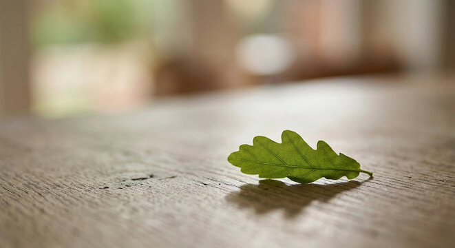 Single green oak leaf resting on rustic wooden table
