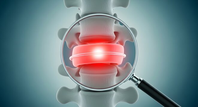 Lumbar disc inflammation and spinal healthcare. Orthopedic medical diagnosis and bone treatment. Magnifying glass focusing on a glowing red vertebral disc bulge