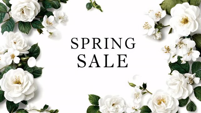 Retail promotion campaign advertisement. A floral arrangement of white roses with green leaves and buds. The roses are arranged in a symmetrical pattern, forming a border around the text SPRING SALE.