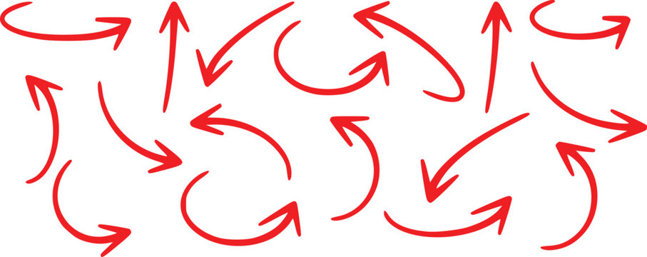 Hand Drawn Curved Red Arrows Set Vector Illustration, Circular Direction Arrows Collection, Brush Stroke Navigation Symbols Isolated on White
